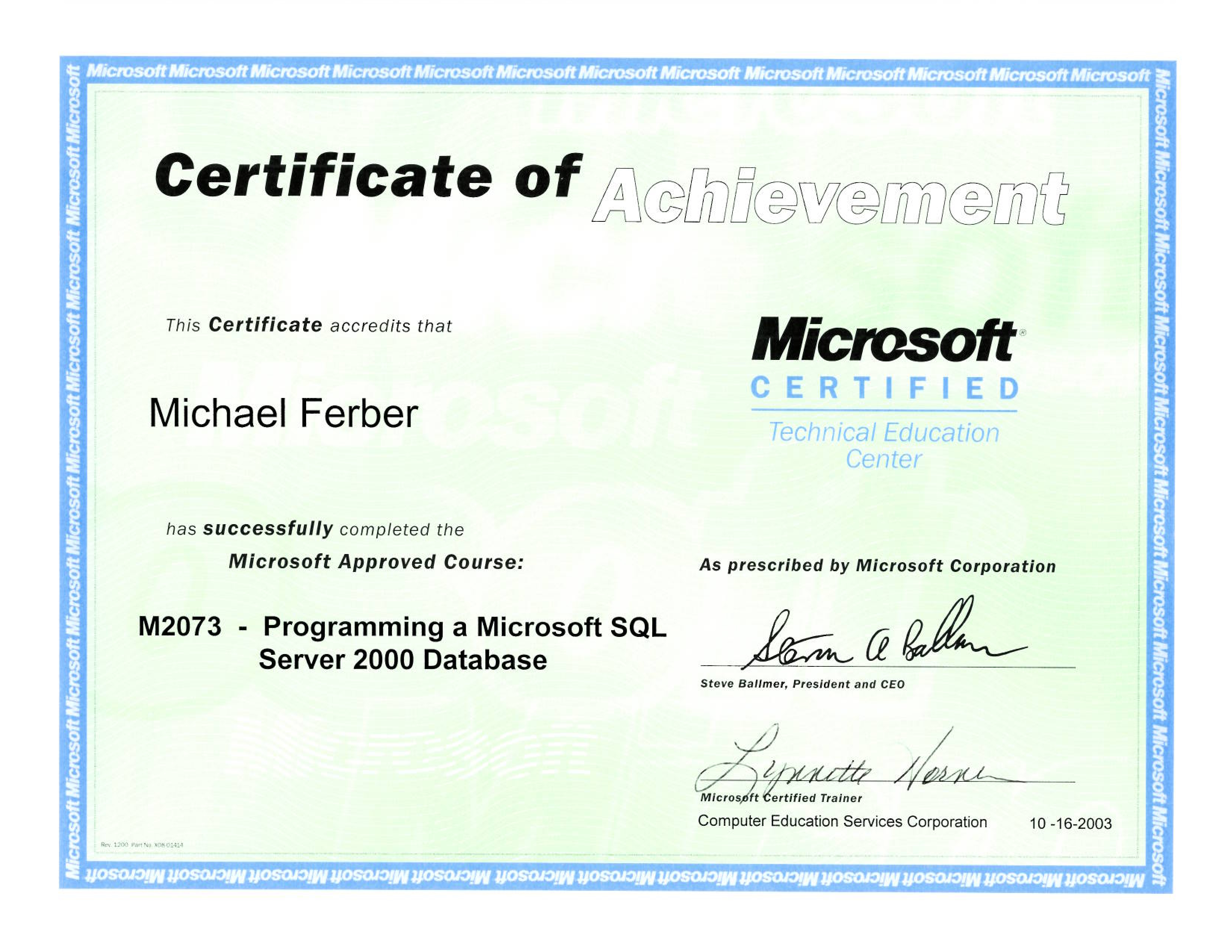 2003 10 16 Microsoft SQL Server 2000 M2073